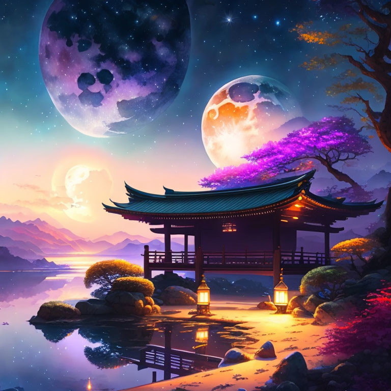 Colorful Asian pavilion artwork with lanterns, mountains, and fantasy moons