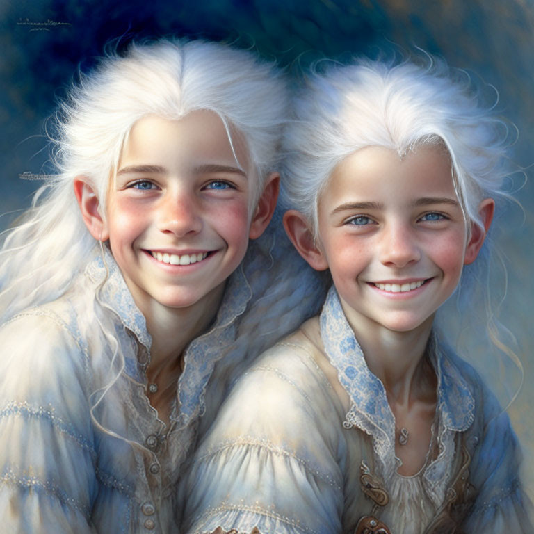 Twin characters with white hair in ornate cream outfits on blue backdrop