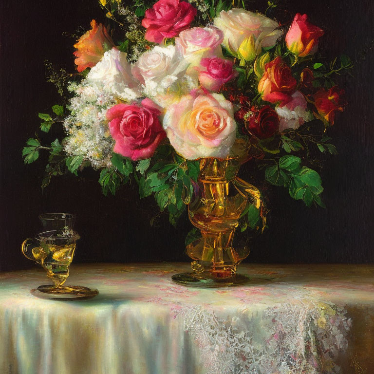 Colorful Rose Bouquet in Gold Vase with Amber Drink on Lace Table