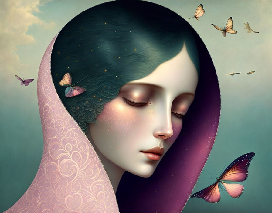 Illustration of woman with night sky hair, shawl, and butterflies.