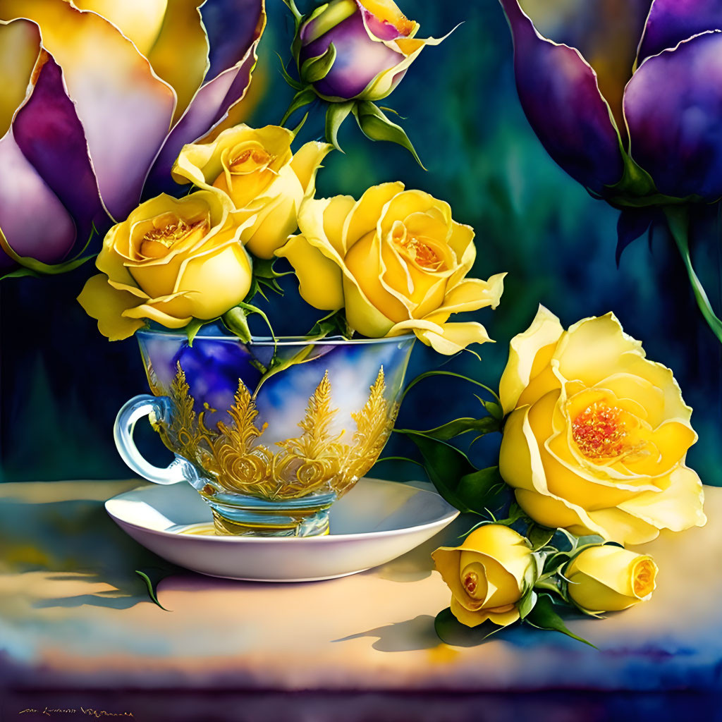 Colorful painting of yellow roses in ornate teacup with purple flowers and bokeh background.