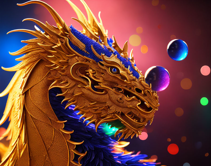 Colorful 3D Golden Dragon Artwork with Multicolored Orbs on Bokeh Background