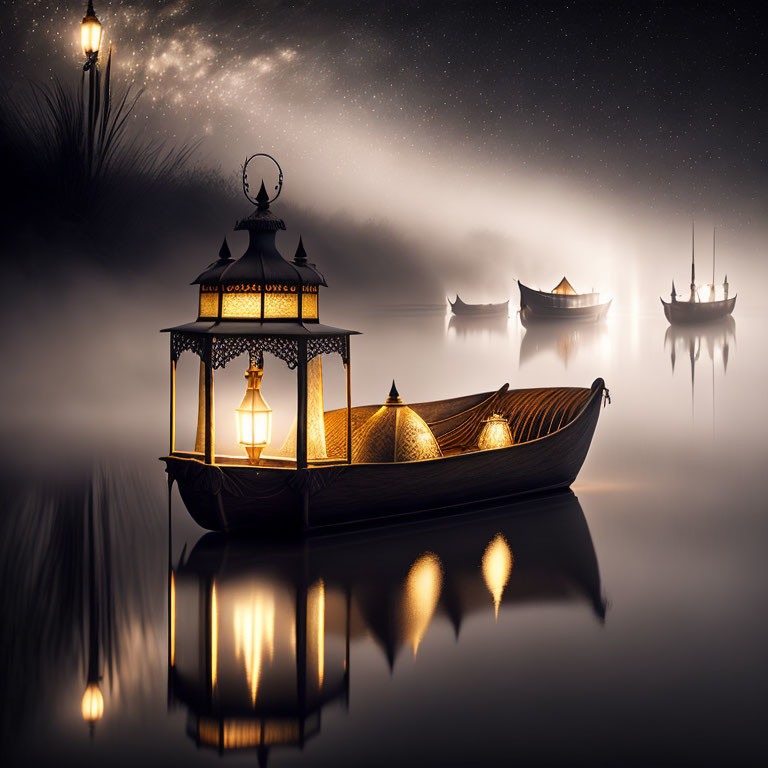 Traditional boat with lit lanterns on misty lake under starry sky