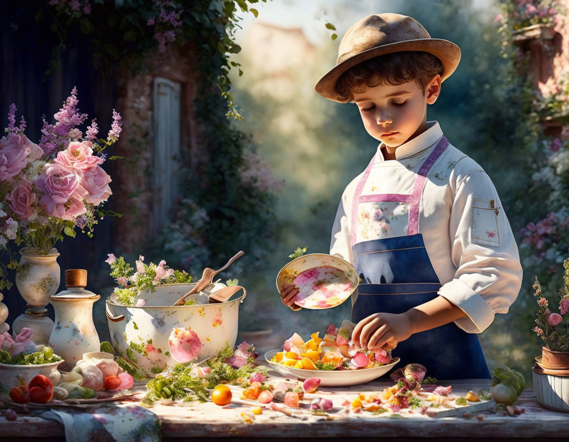 Child in Vintage Clothing Prepares Food at Rustic Outdoor Table