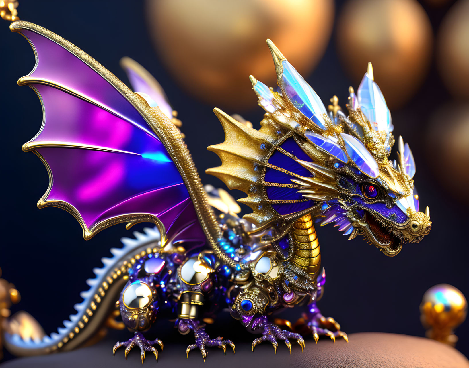 Detailed 3D rendering of jeweled, steampunk-inspired golden mechanical dragon with iridescent