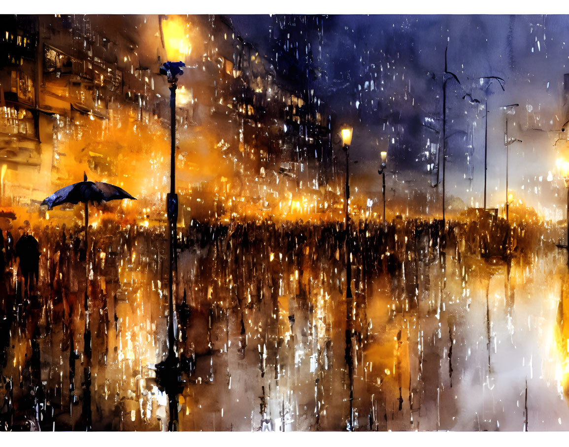 Abstract painting of a night street scene with reflections and umbrella