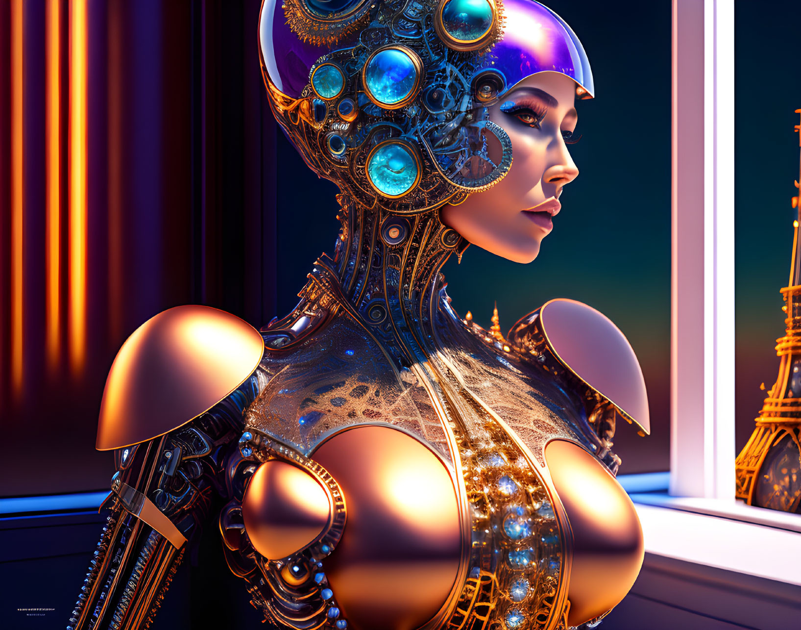 Futuristic female android in golden armor gazing at night cityscape