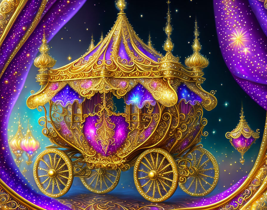 Golden fantasy carriage with purple curtains under starry sky and lanterns