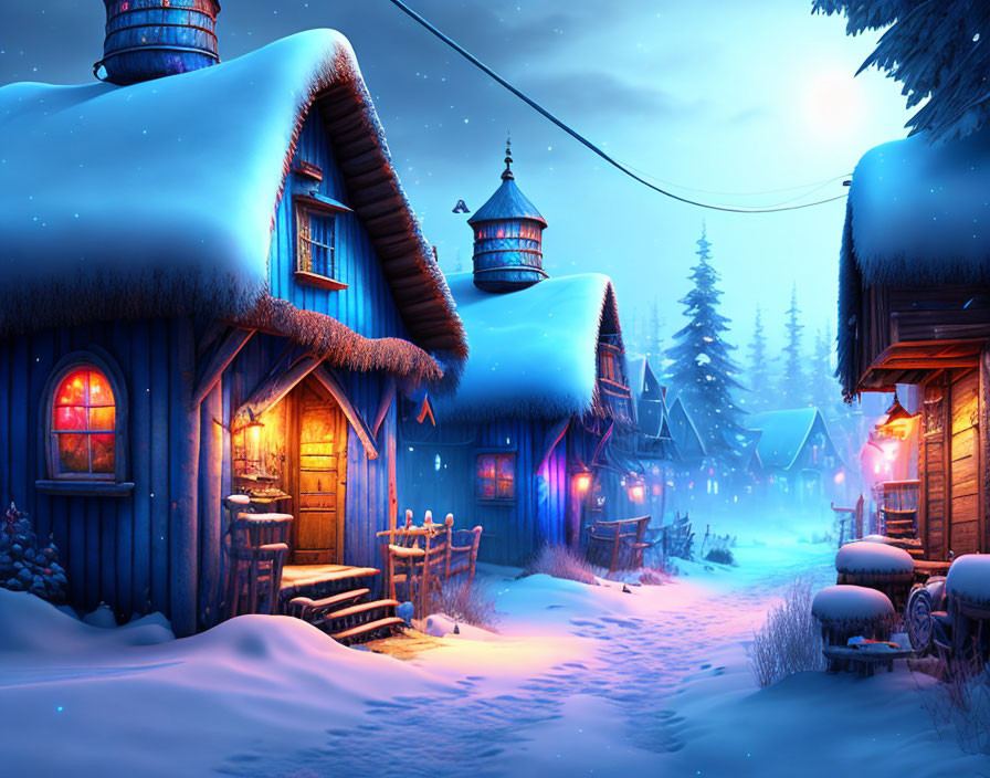 Snow-covered cottages in serene winter village night.