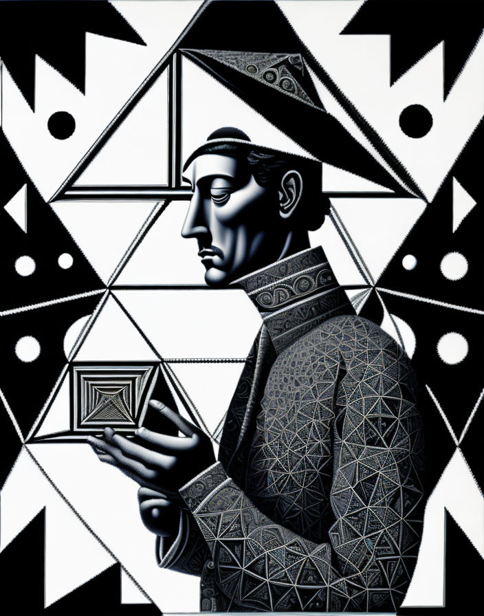 Monochrome geometric illustration of a stylized man with abstract shapes and sharp background contrast