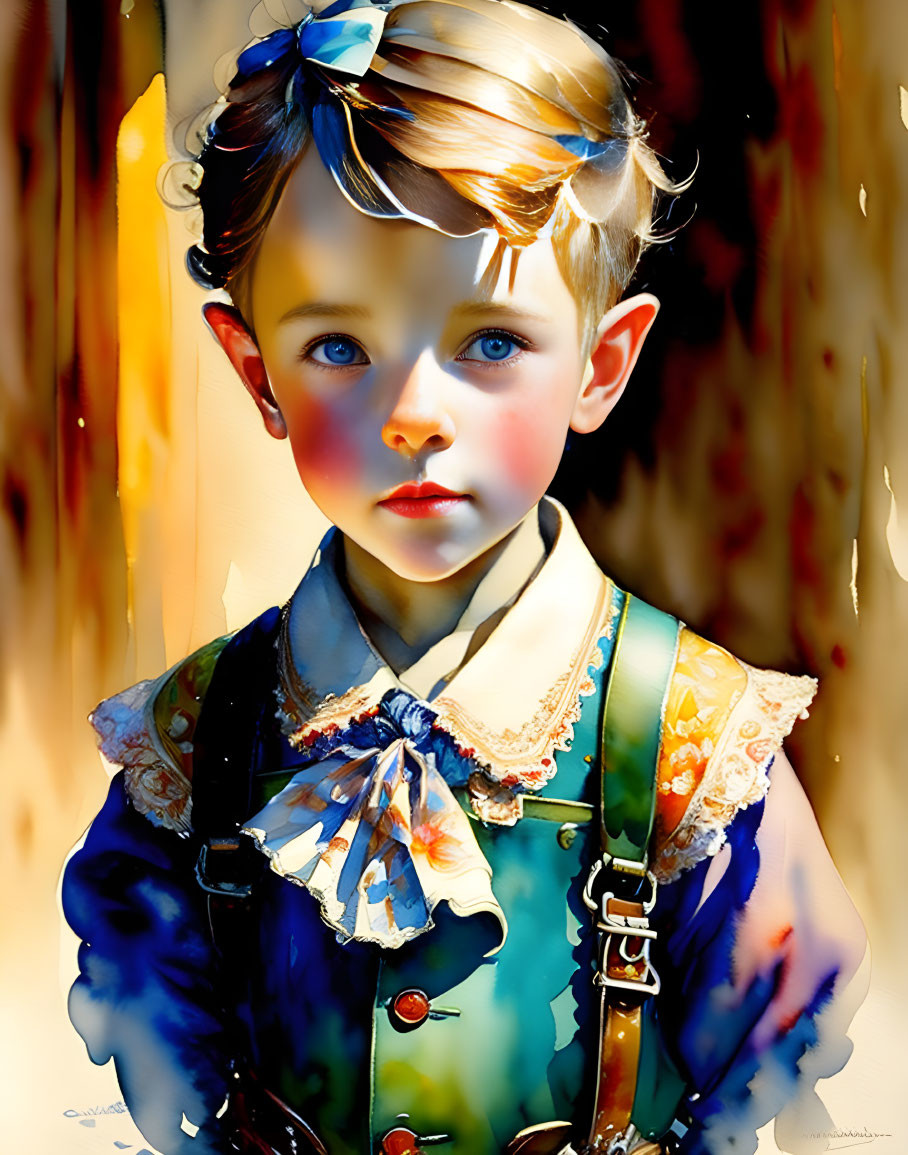 Digital Artwork: Young Child with Striking Blue Eyes and Colorful Vintage Outfit