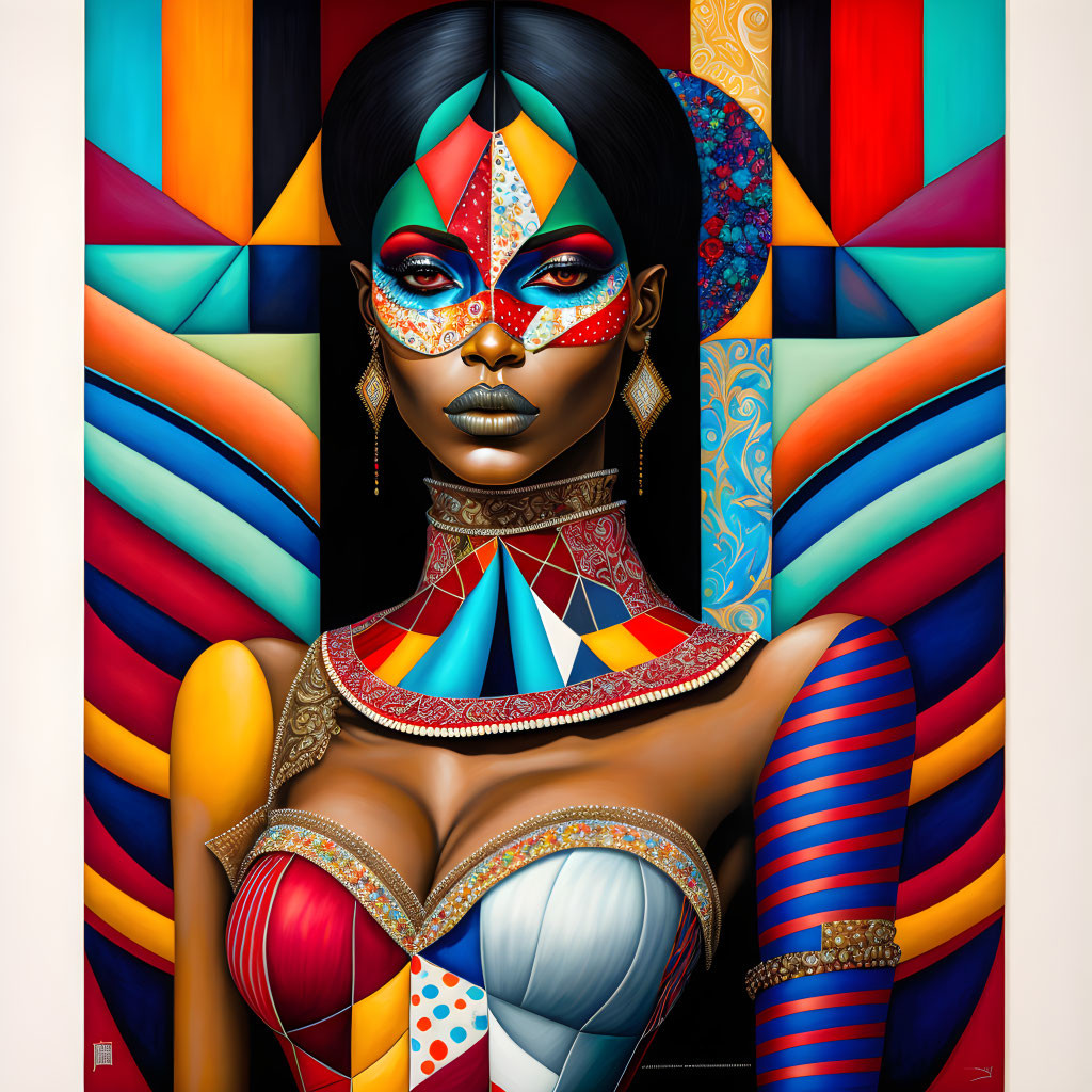 Colorful Abstract Portrait of Woman with Geometric Patterns