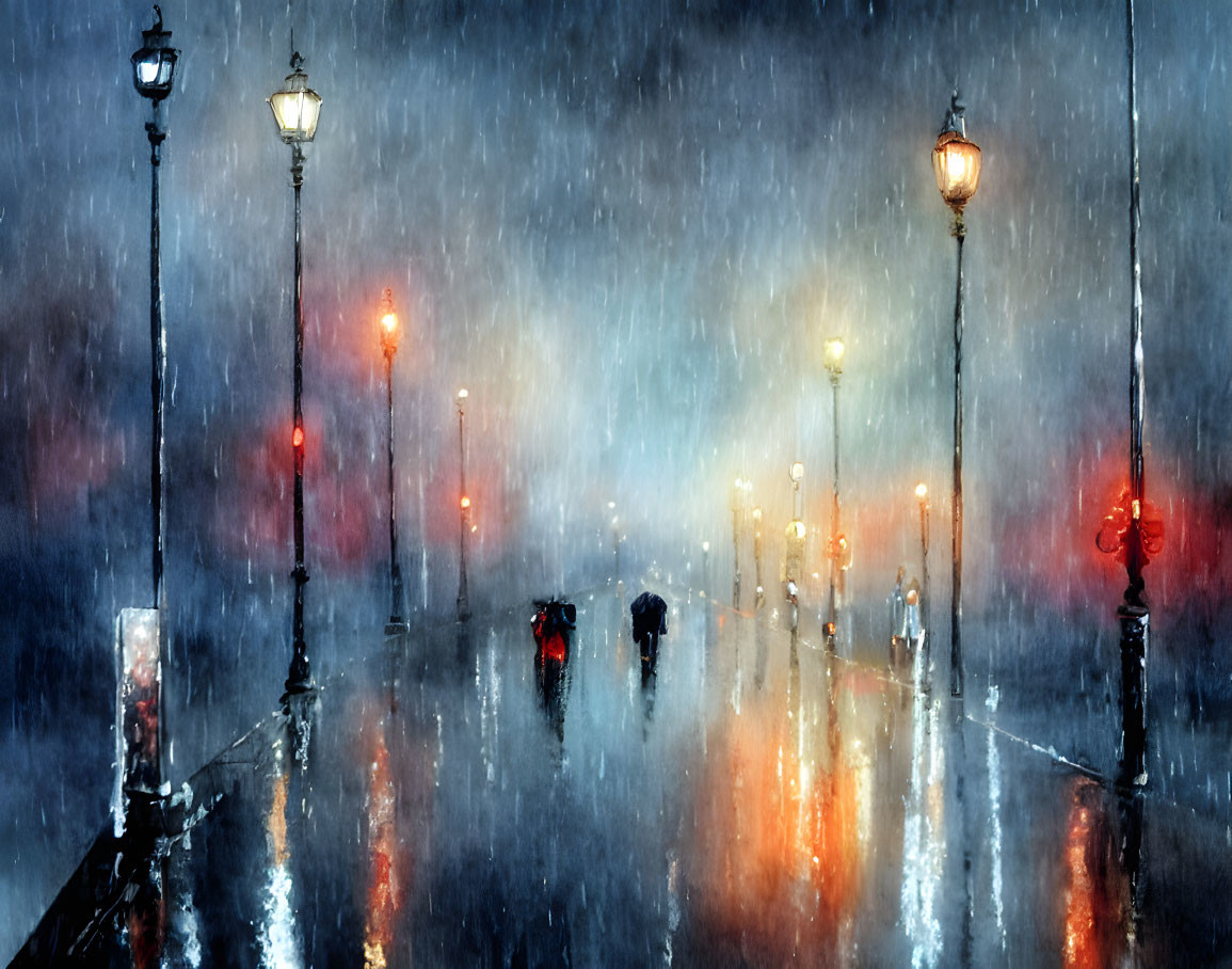 Rainy Evening: Street Lamps, Umbrellas, and Wet Pavement Reflections