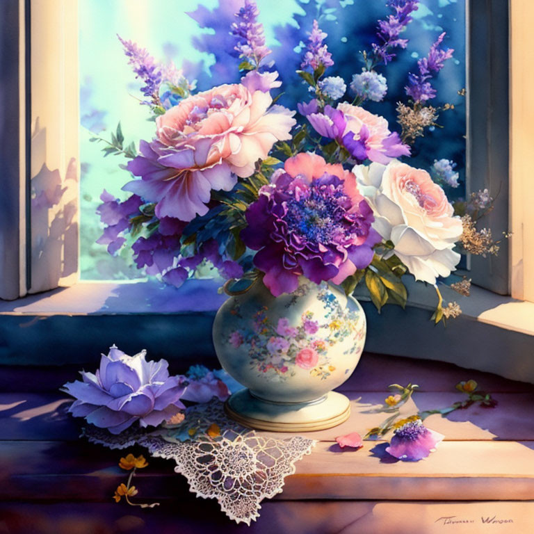 Colorful bouquet of pink and purple flowers in a vase on a windowsill with sunlight and scattered petals