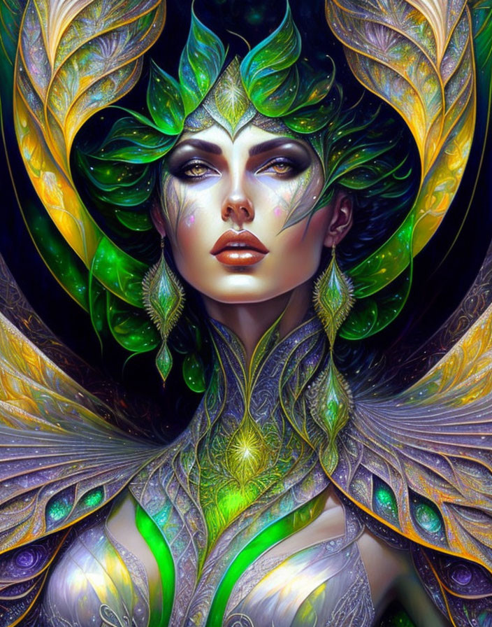 Vibrant digital artwork of a woman with nature-inspired headwear