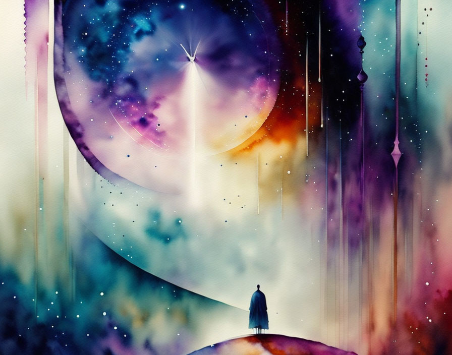 Person's silhouette against vibrant cosmic landscape with abstract elements