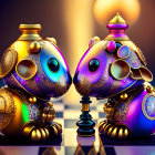 Ornate jewel-encrusted cat figurines on chessboard with warm glow