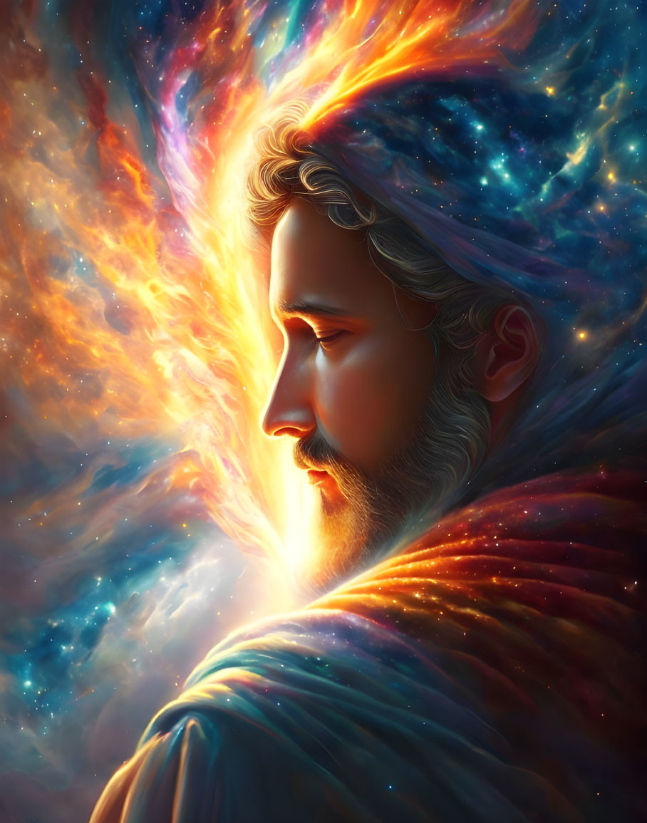 Bearded man profile against cosmic backdrop with vibrant colors and swirling nebulae.