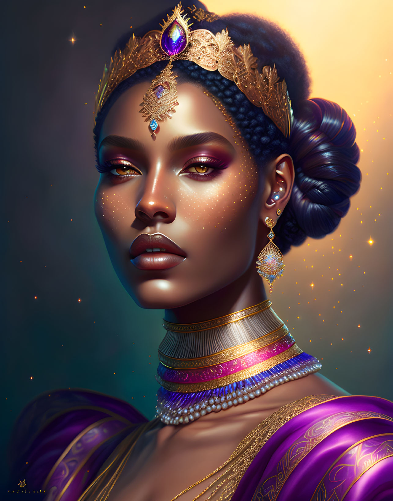 Regal woman with golden jewelry and purple garment on starry backdrop