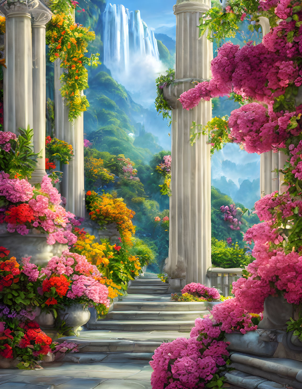 Stone steps, columns, flowers, and waterfall in lush landscape