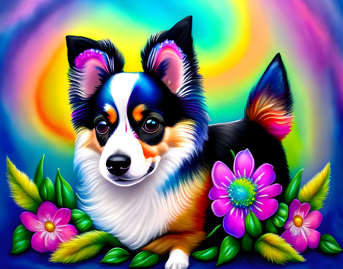 Colorful Pembroke Welsh Corgi surrounded by flowers on rainbow background