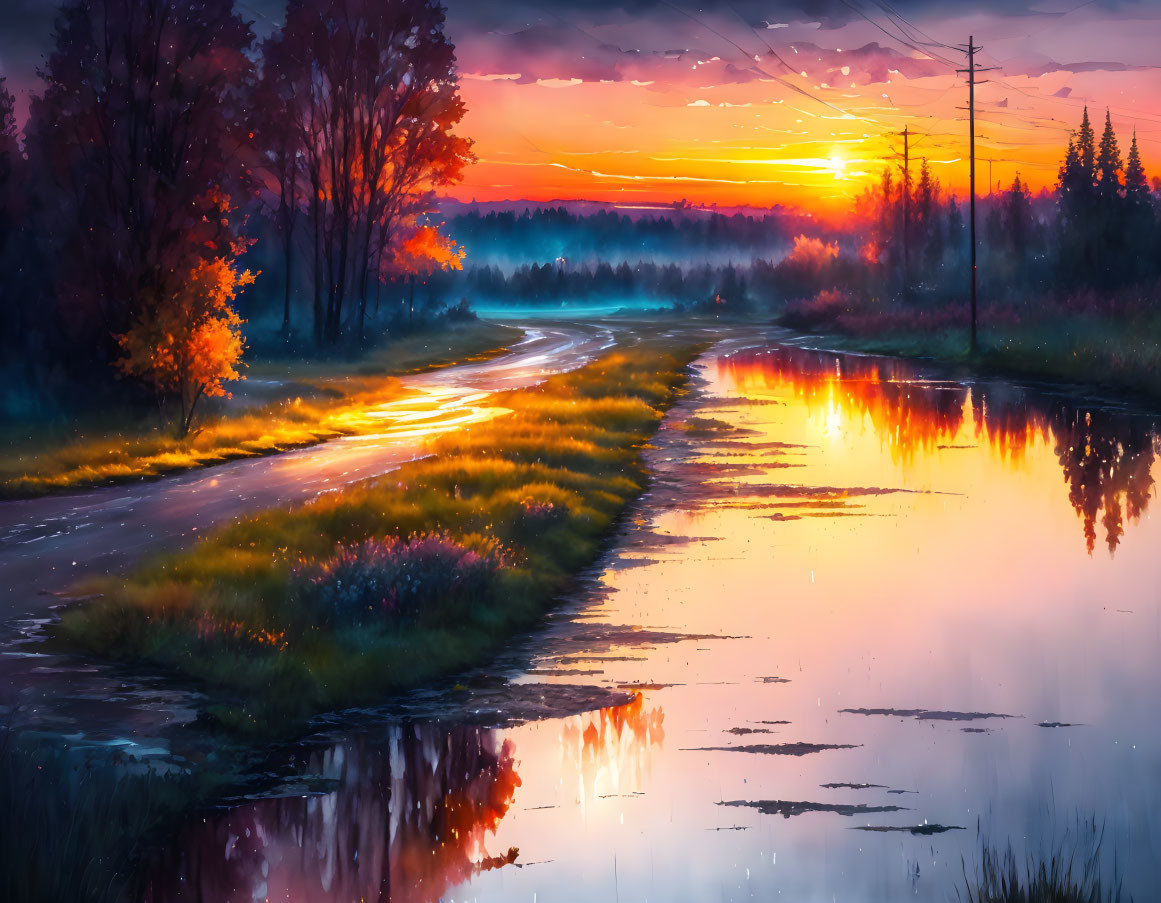 Vibrant sunset reflecting on wet road with autumn foliage and tranquil landscape