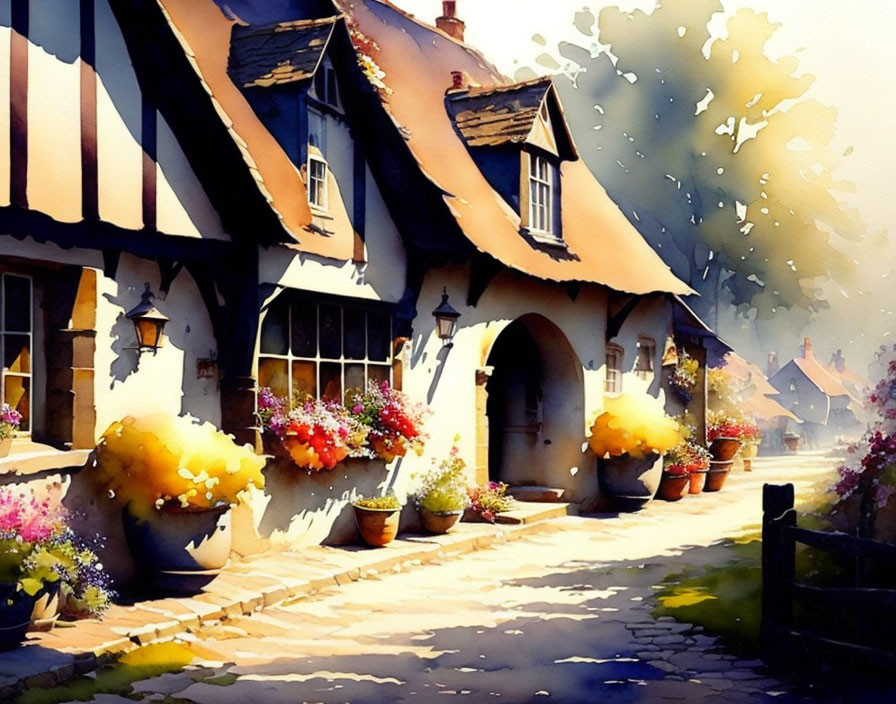 Colorful Watercolor Painting of Quaint Village Street