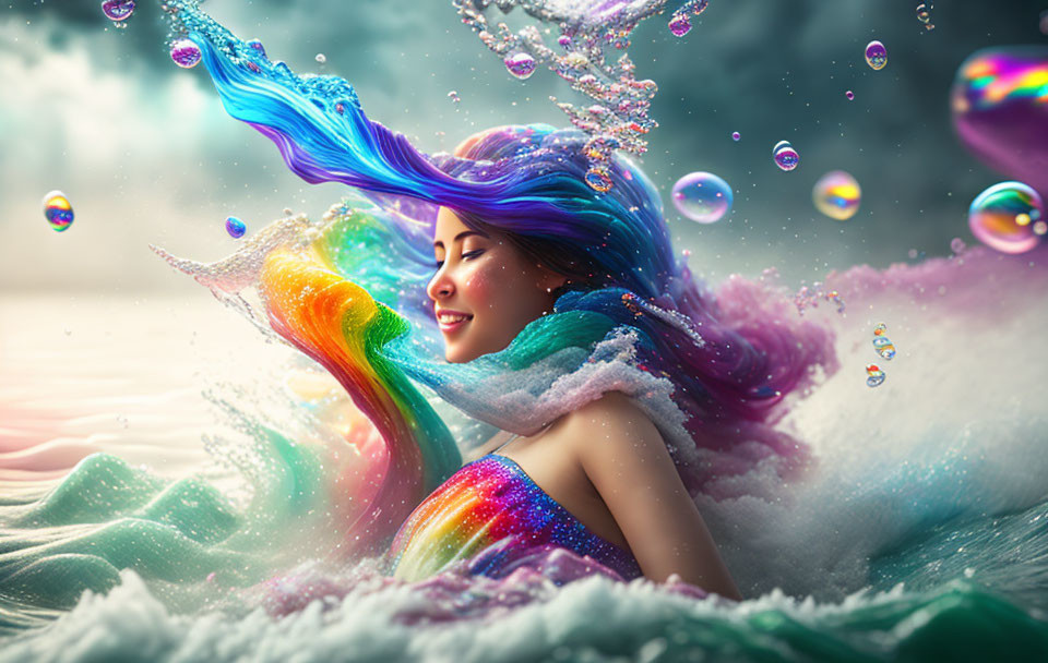 Colorful illustration of woman with rainbow hair and bubbles in swirling backdrop