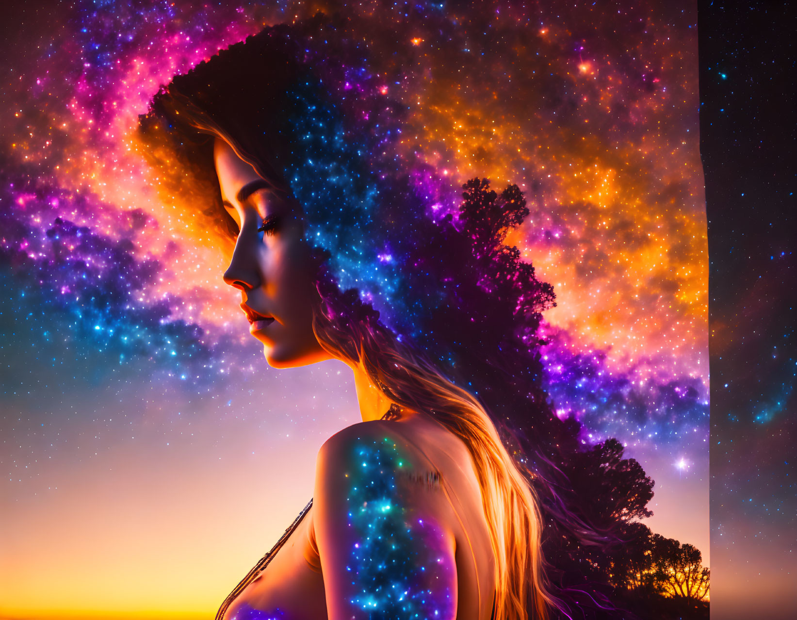 Surreal composition blending woman's profile with galaxy and sunset