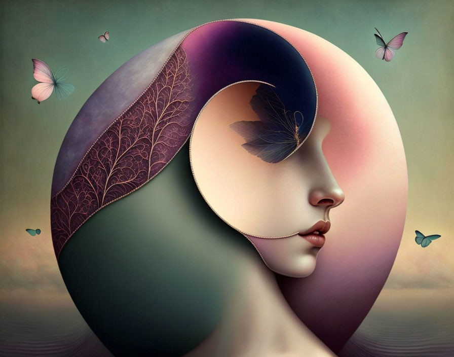 Surreal face art with circular frame, gradient shades, leaf patterns, and butterflies - tranquil and