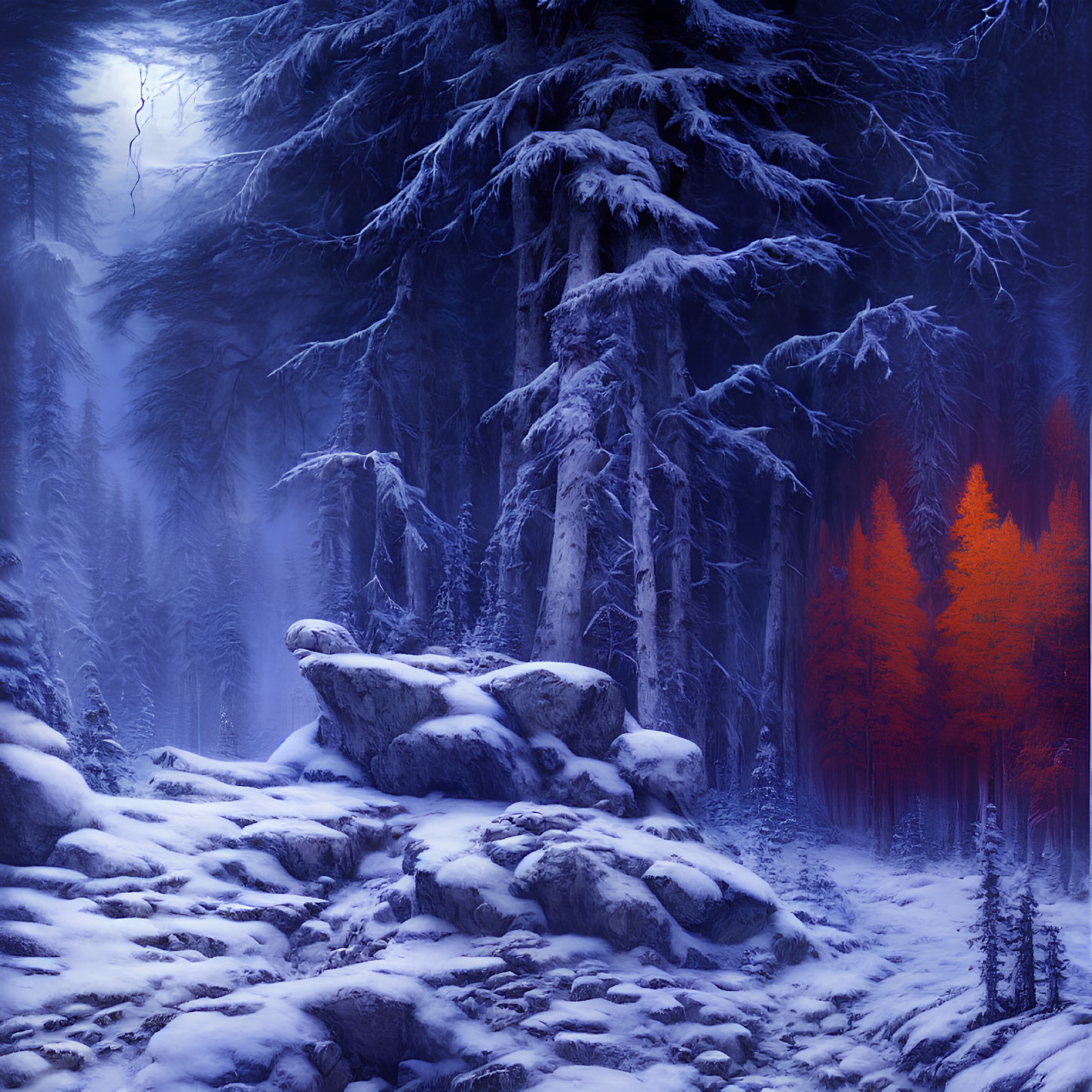 Moonlit snowy forest with frost-covered pines and vibrant red trees