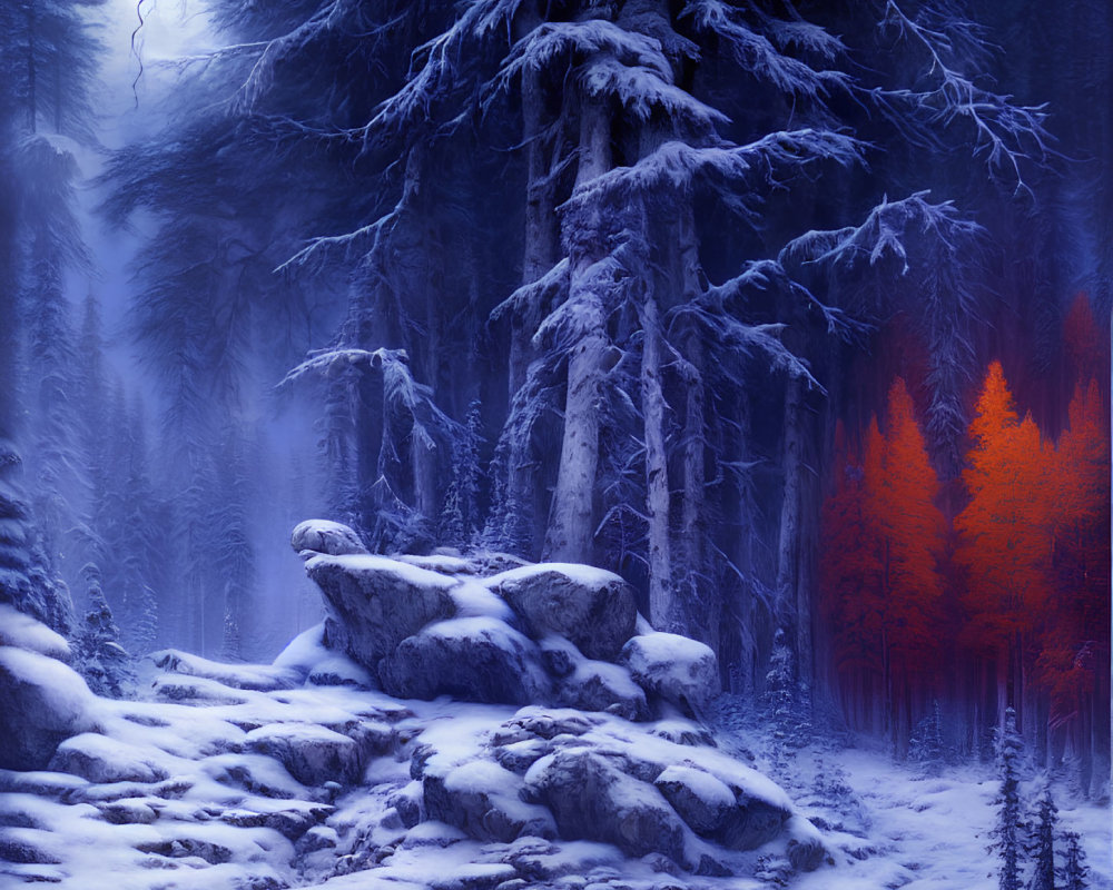 Moonlit snowy forest with frost-covered pines and vibrant red trees