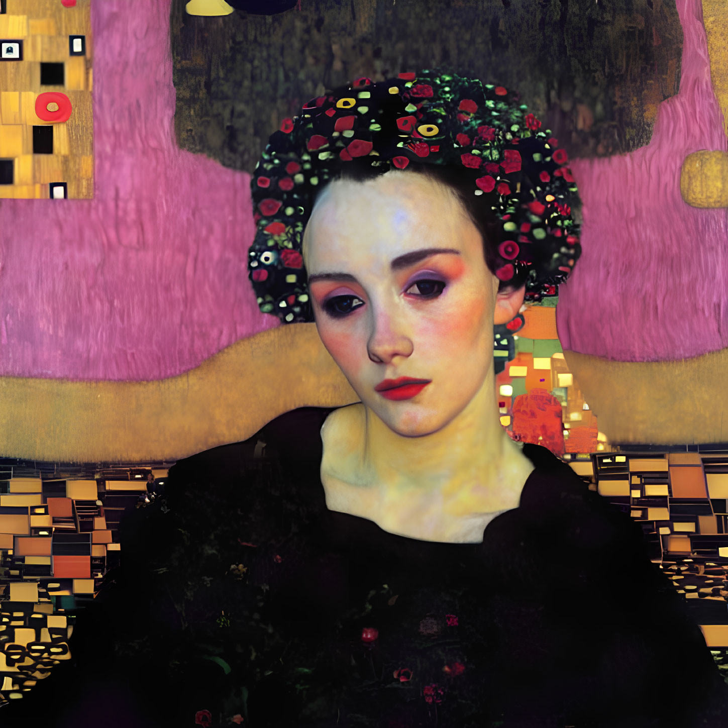 Pale-skinned woman in floral garment and headpiece against geometric background