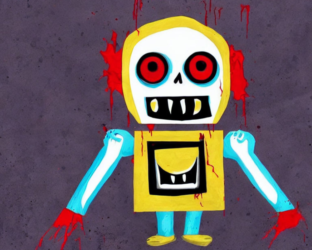 Yellow square-headed cartoon character with red eyes and bloody hands on grey background