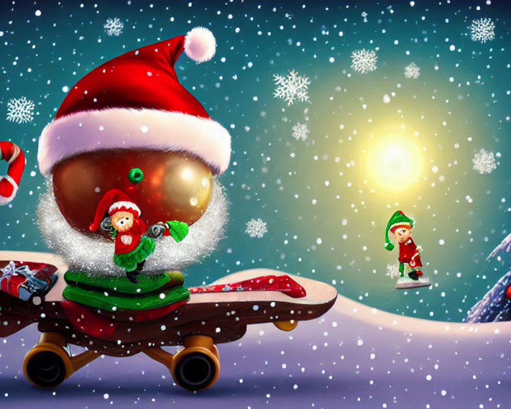 Whimsical Christmas scene featuring Santa-hat robot, snow globe, elves, sled, and snow