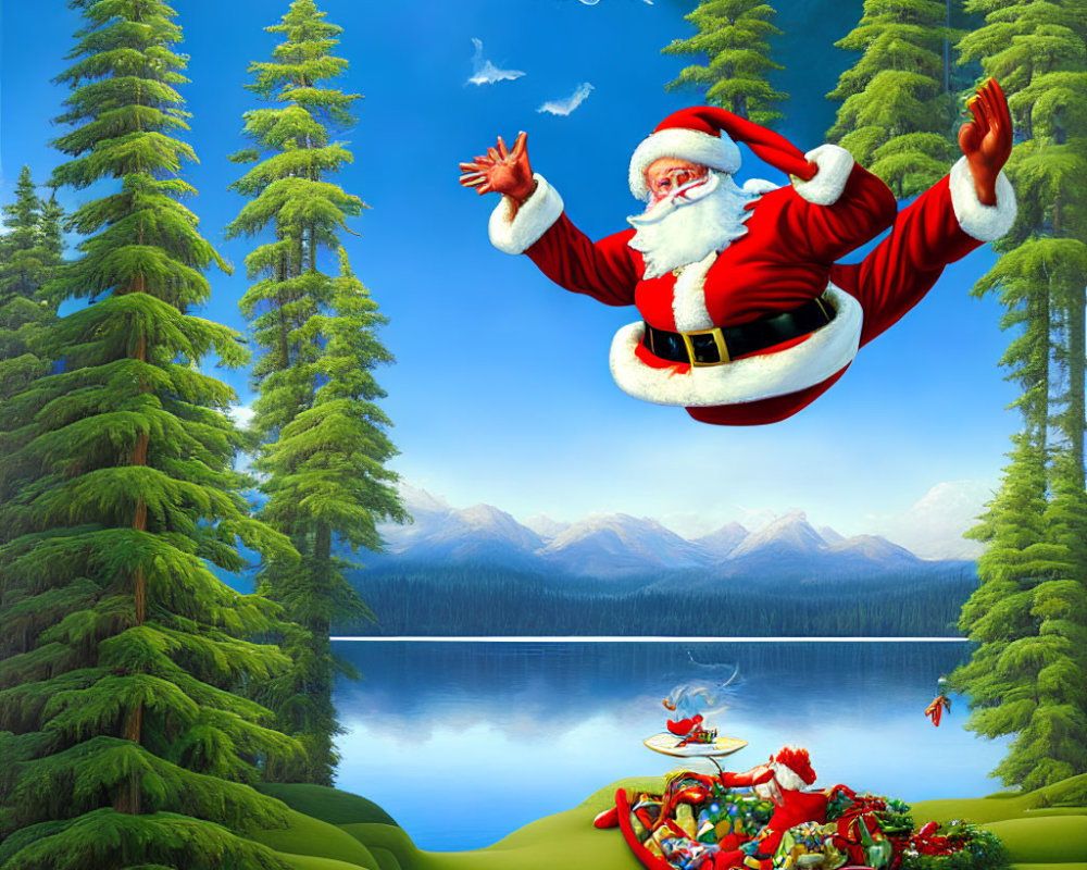 Santa Claus Parachuting into Forested Lakeside Scene with Sunny Day Reindeers Below