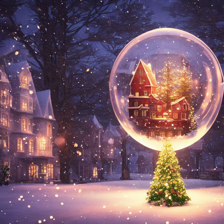 Snow globe with lit house and Christmas tree in snowy twilight scene