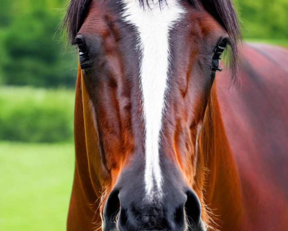 Brown horse with white stripe on face in front of green background