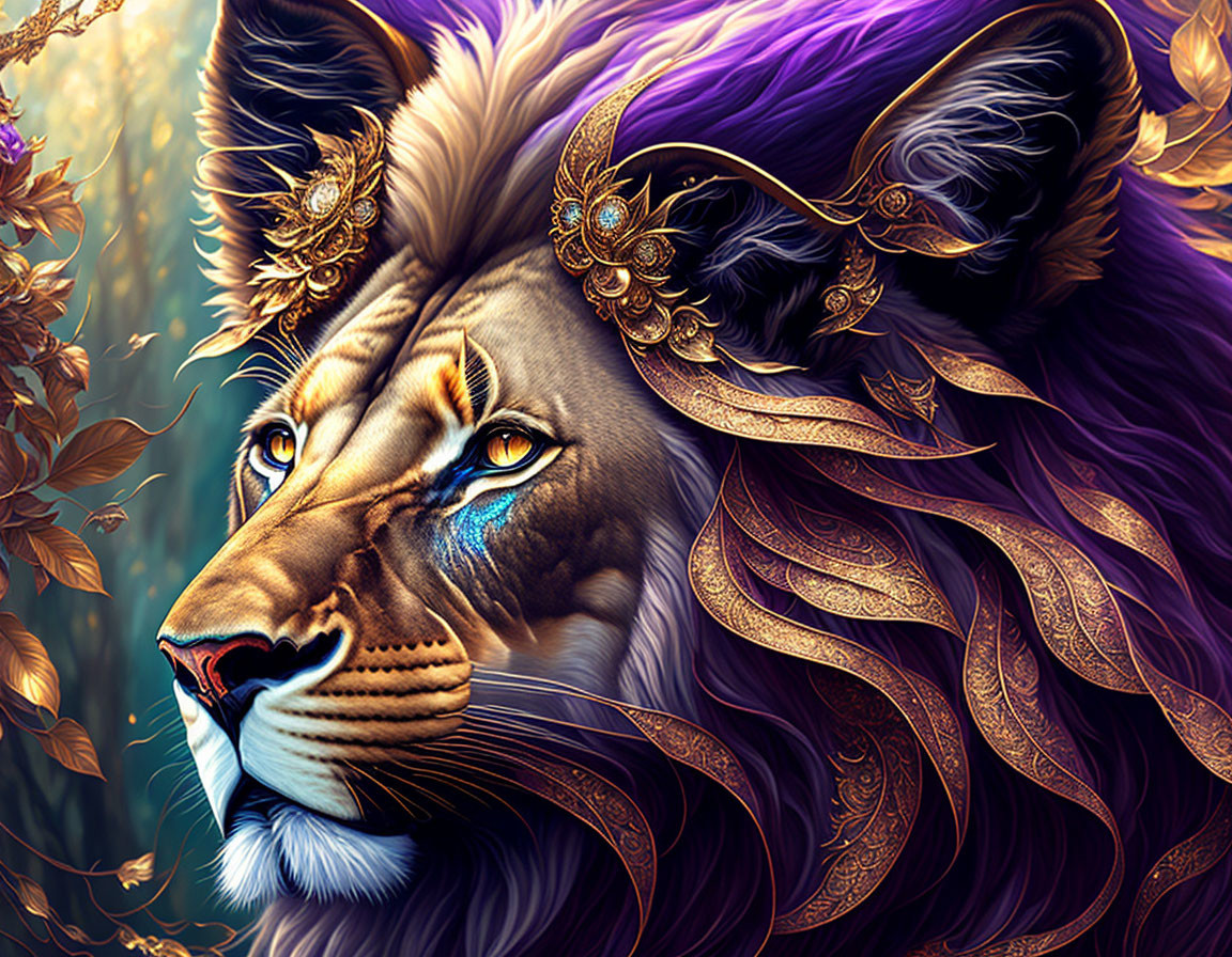 Fantasy lion art with golden embellishments and purple hues