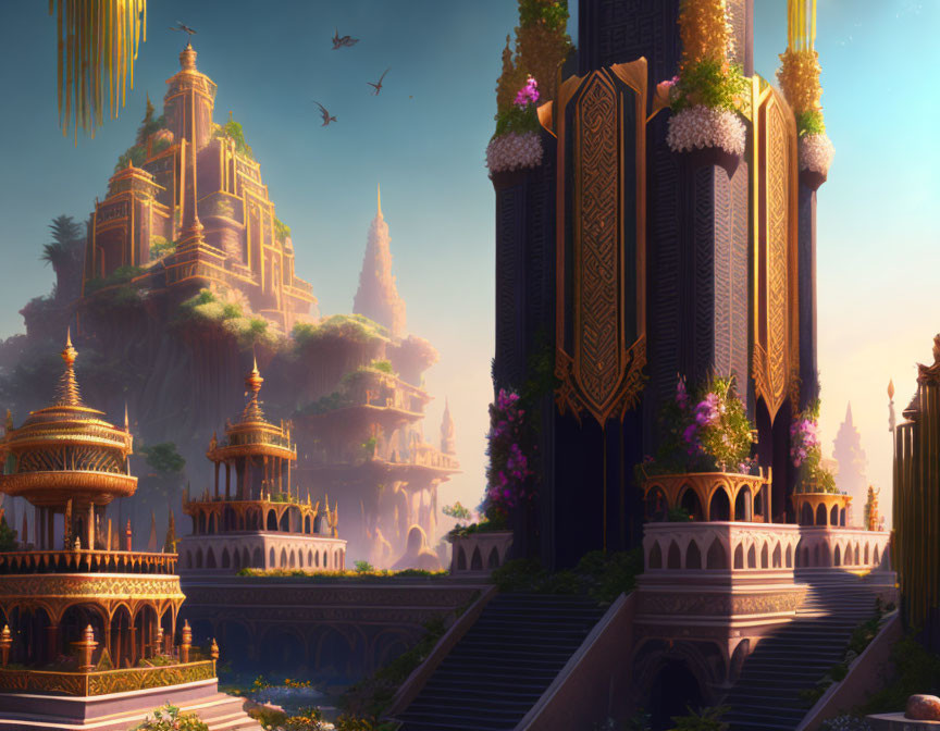 Golden buildings, lush greenery, and flying creatures in a fantastical cityscape