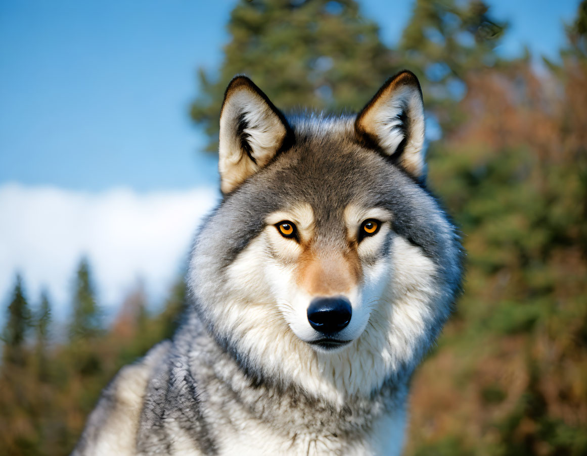 Grey wolf with yellow eyes in forest setting on blue sky background