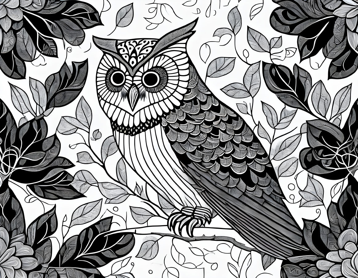 Detailed Monochrome Owl Illustration Perched on Branch