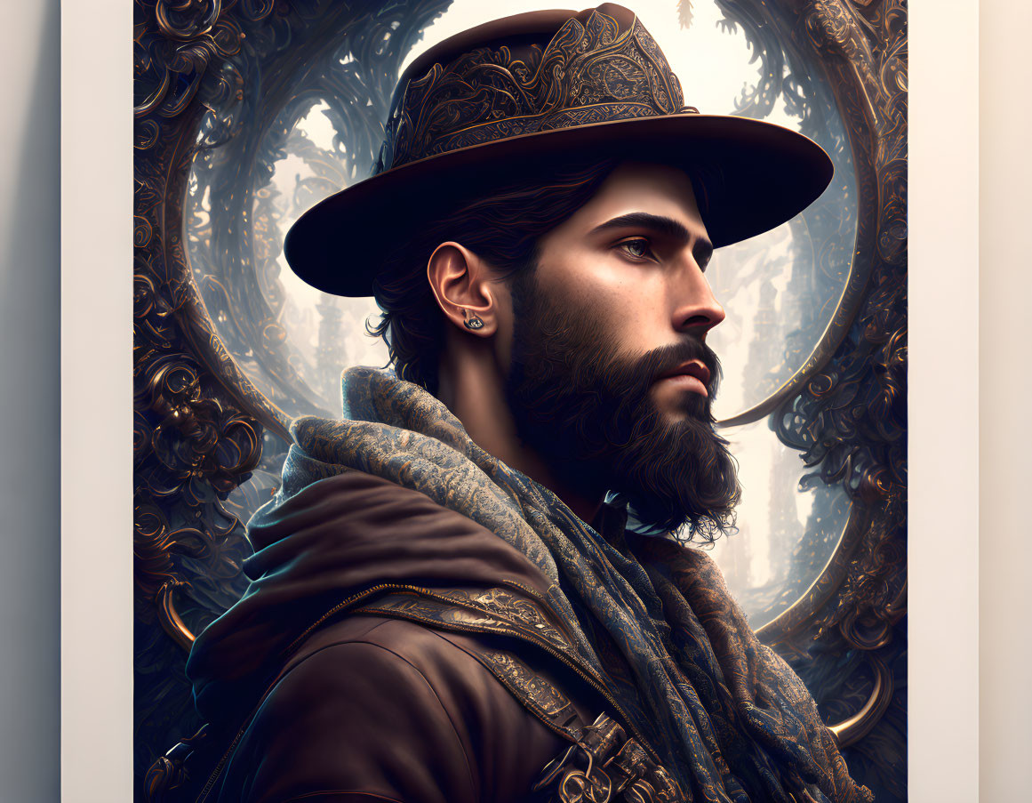 Stylized man portrait with decorative beard and hat on intricate background