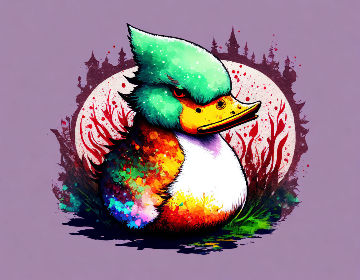 Vibrant Duck Artwork on Purple Background with Paint Splatter Effect