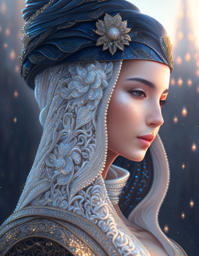 Detailed digital portrait of woman in ornate attire against soft light