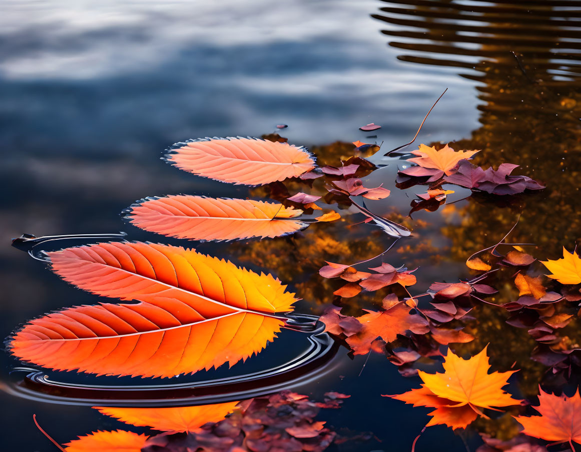 Autumn leaves floating on still water reflecting trees in serene nature scene