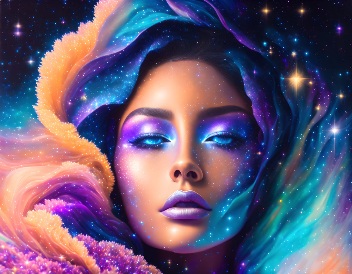 Cosmic-themed digital artwork of a woman with vibrant makeup blending into starry space background