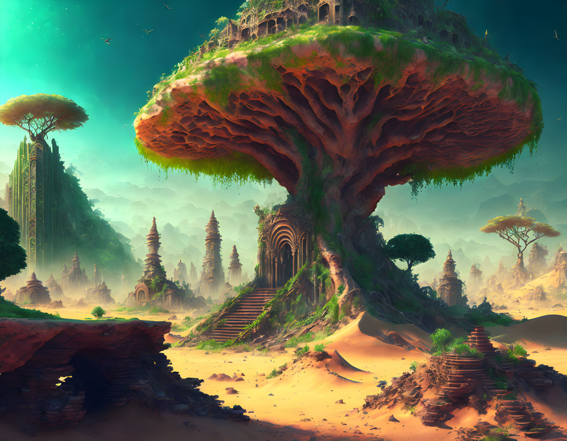 Enormous tree on plateau with ancient ruins and smaller trees in mystical landscape