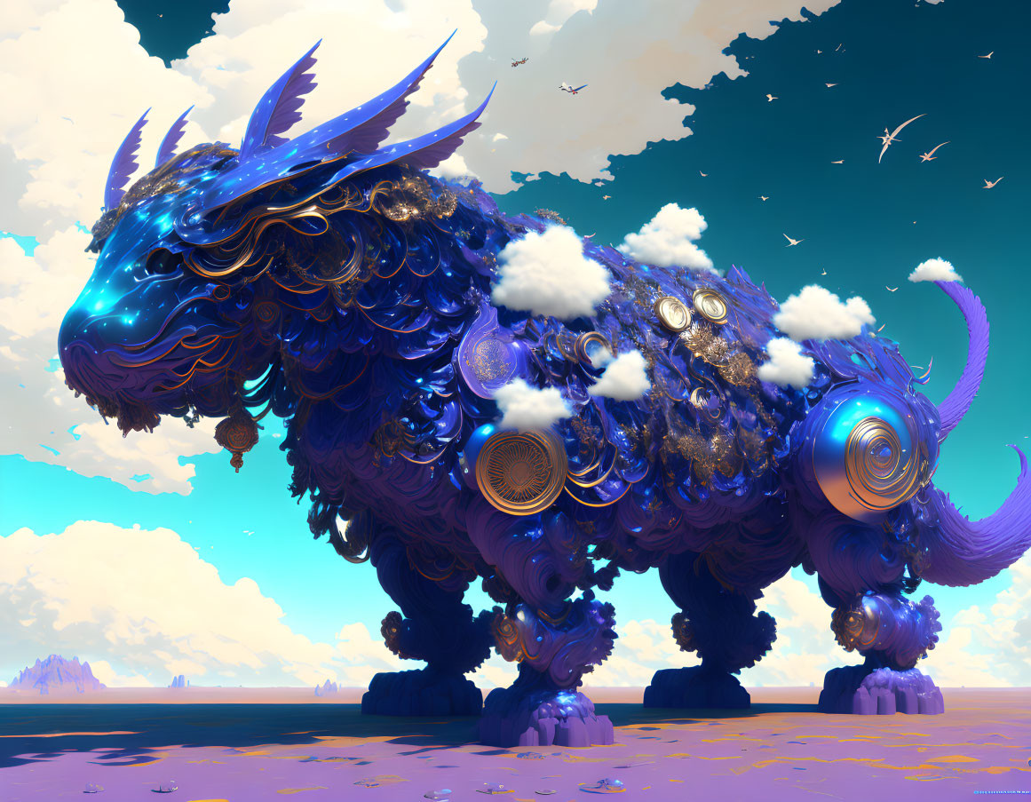 Blue mythical creature with cloud-like adornments under a sky with floating islands.