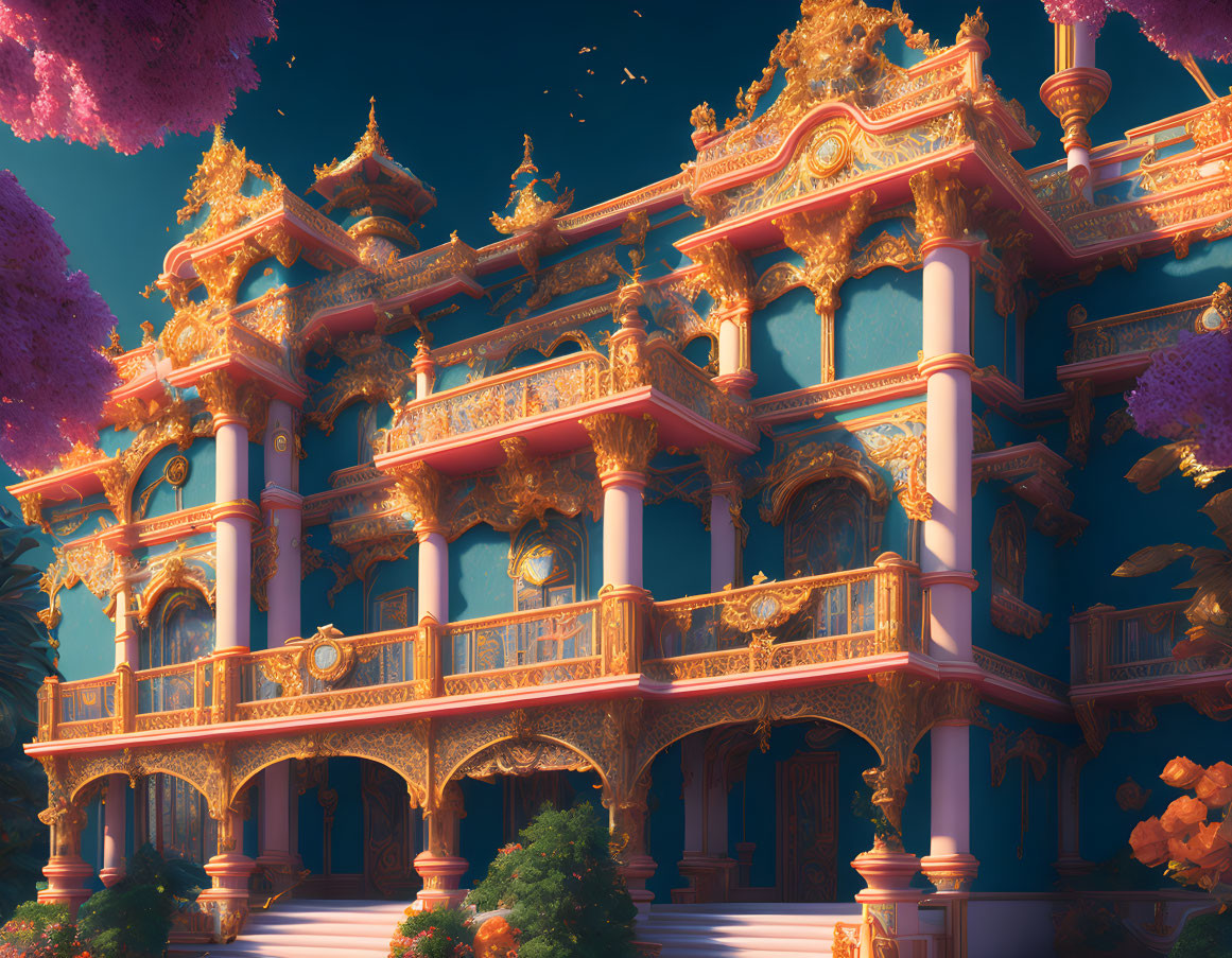 Fantasy palace with golden details in surreal landscape.